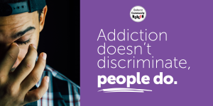 2023_orticare_social-tiles_campaign-to-change2 Social media tile example saying "Addiction doesn't discriminate, people do" with picture of exasperated person looking sad